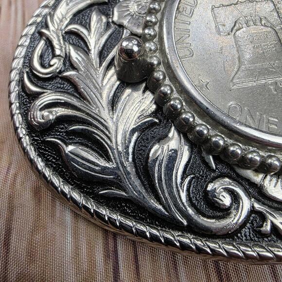 Vintage USA Bicentennial Eisenhower Dollar Belt Buckle Liberty Bell Western Silv - Picture 2 of 12